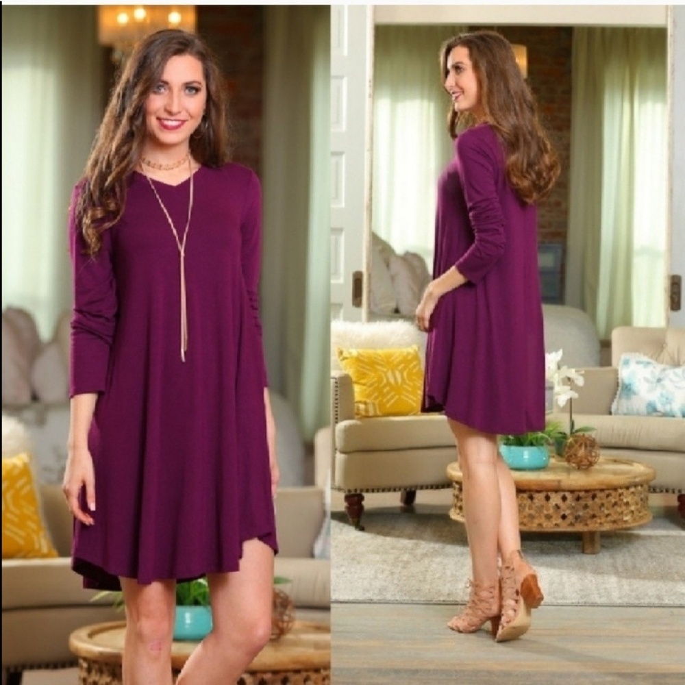 Sz L Plum V Neck Tunic Dress - Picture 2 of 4